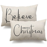 DFXSZ Christmas Throw Pillow Covers 12x20 Inch Set of 2 Merry Christmas Farmhouse Decorations Believe Holiday Decor Throw Cushion Case for Home Couch