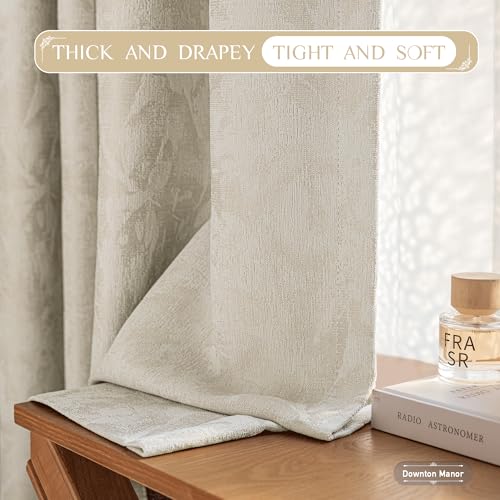 Beauoop Beige Floral Jacquard Blackout Curtains 84 Inches Long 2 Panels for Bedroom Living Room Flower Chenille Room Darkening Thermal Insulated Soundproof Grommet Window Treatments Drapes 52x84x2