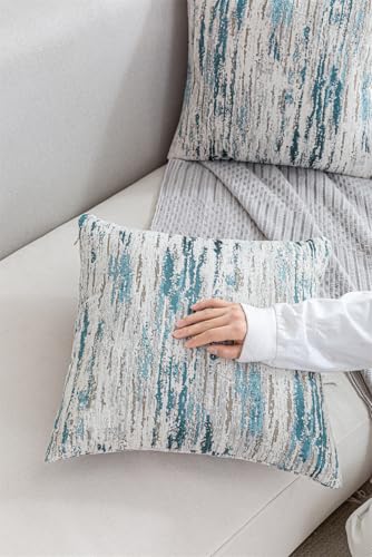 Chenille & Jacquard Pillow Covers 18x18 Inch Set of 2 - Textured Coastal Stripe Decor | Luxury Sofa Bed Cushion Covers in Seaside Beige & Teal Ombre (Oceanic Hues Collection)