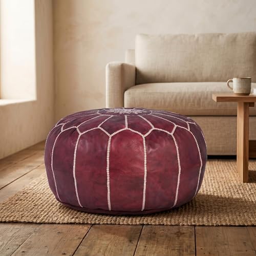 Handmade Moroccan Embroidered Leather Pouf | Delivered Unstuffed | Ottoman, Footstool, Footrest, Hassock, Floor Cushion, Coffee Table, Under Desk | Gift for Housewarming or Weddings (Burgundy)