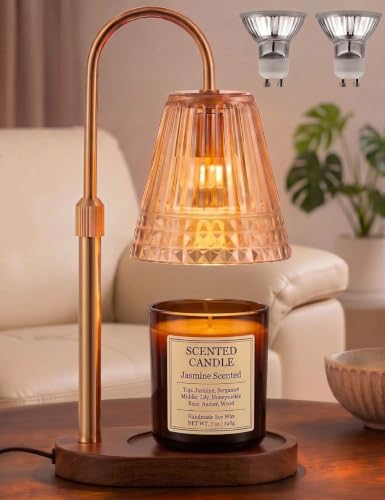 Candle Warmer Lamp with Dimmer & Timer，Adjustable Height for Jar Candles, Birthday Gifts for Mom Women Sister, Housewarming for New Home Decor, Wax Warmer for Jar Candles with 2 Bulbs (Amber-gold)
