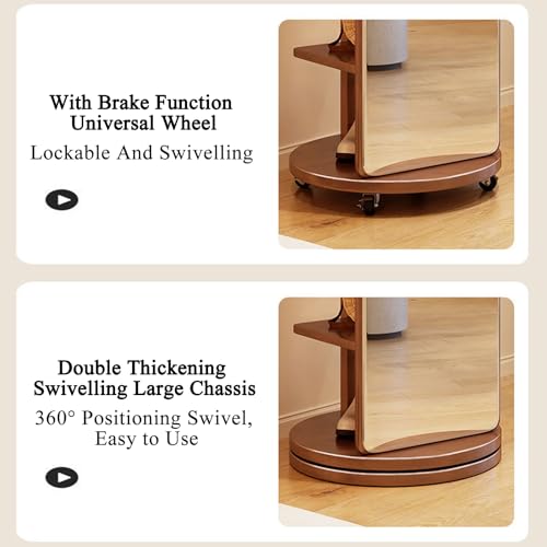 Floor-Standing Solid Wood Rotating Coat Rack，Full Length Mirror with Movable Wood Coat Rack - 2-in-1 Floor Mirror and Coat Rack for Living Room, Bedroom, Cloakroom Mirror