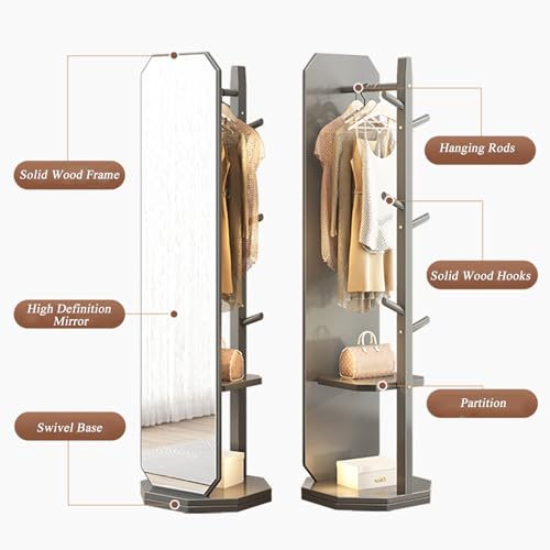 Floor-Standing Solid Wood Rotating Coat Rack，360° Rotating Full Length Mirror with Coat Rack and Hanging Hooks 2 in 1 Freestanding Floor Mirror and Clothes Hanger for Living Room Bedroom and