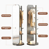 Floor-Standing Solid Wood Rotating Coat Rack，360° Rotating Full Length Mirror with Coat Rack and Hanging Hooks 2 in 1 Freestanding Floor Mirror and Clothes Hanger for Living Room Bedroom and