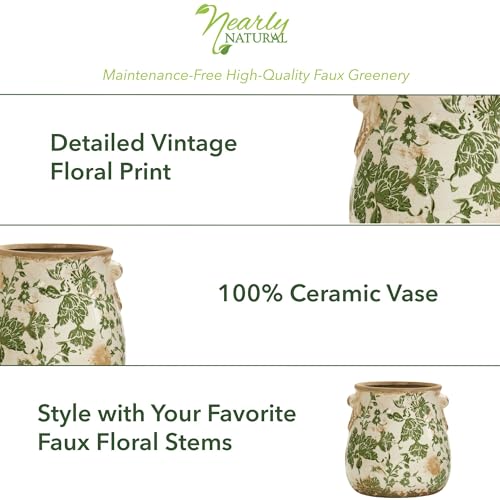 Nearly Natural 6.5in Ceramic Decorative Vase Tuscan Style Green Floral Scroll Design for Indoor Home Decor Centerpieces Tables Small Flower Vases
