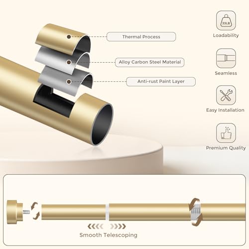 HEI! DEAR Gold Curtain Rods 72 to 144 Inch(6-12FT),1 Inch Long Curtain Rod,Adjustable Heavy Duty Curtain Rods,Modern Decorative Drapery Rods,Telescoping Window Single Curtains Rods 36-150",Brass Gold