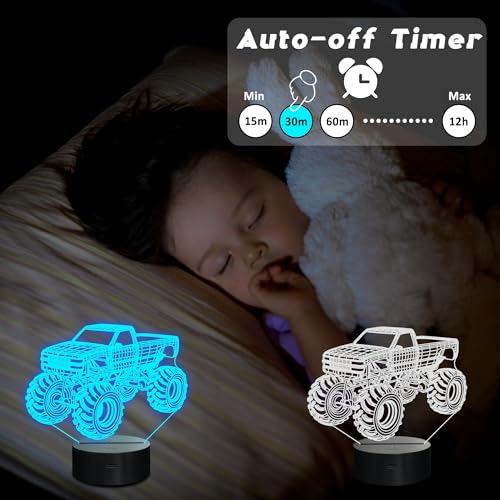 CoolGift Mart Monster Trucks Night Light for Boys, 3D LED Optical Illusion Lamp with Remote Control and Timer, Perfect Christmas and Birthday Gift Idea for Boys, Kids, and Teens
