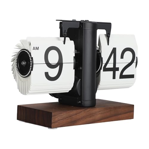 Flip Desk Clock, Retro Mechanical Flip Vintage Desk Table Clock with Large Numbers and Wood Base for Home Office Decor (Black Frame White Page)