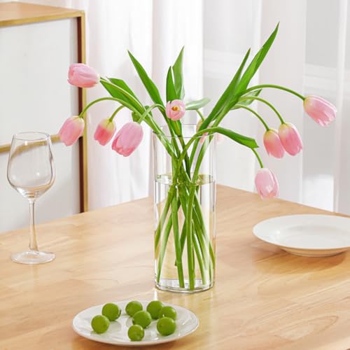 3 Large Acrylic Clear Cylinder Vase Set with 2 Spiral Ikebana Stem Holder Ring, Unbreakable Tall Plastic Hurricane Vases for Wedding Centerpieces Flower Bouquet Decor (3 Vases + 2 Holder)