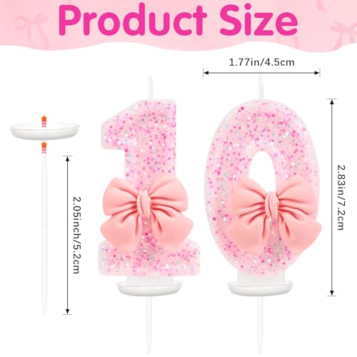 Number 10 Birthday Candle, Pink Bow Birthday Candles, Glitter Candle Cake Topper, Happy Birthday Cake Decoration Gifts, Anniversary Party Supplies for Girl