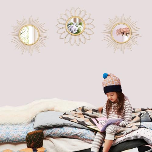 3 Pack Metal Mirrors for Wall Sunburst Wall Mirrors Home Décor Decorative Hanging Wall Art for Living Room Bedroom Entryway (Gold, Flower+Sunburst)