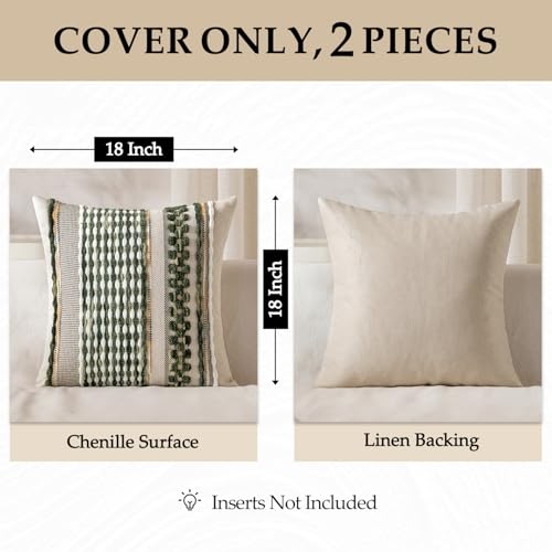 ANRODUO Pack of 2 Boho Decorative Throw Pillow Covers 18x18 Farmhouse Cushion Case Striped Chenille Pillow Cases Square Pillow Covers Accent Neutral Pillowcase for Sofa Couch Bed, Olive Green Stripe