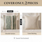 ANRODUO Pack of 2 Boho Decorative Throw Pillow Covers 18x18 Farmhouse Cushion Case Striped Chenille Pillow Cases Square Pillow Covers Accent Neutral Pillowcase for Sofa Couch Bed, Olive Green Stripe