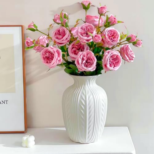 Lvases 10in Wheat Textured White Ceramic Flowers Vase Modern Home Decor | Unique Large Flower Vase, Rustic Decor for Living Room, Entryway Shelf Centerpiece & Office Floral Display ( Matte White )