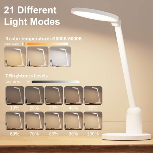 Desk Lamps for Home Office with Stable Base, 1000LM Ultra Bright Eye-Caring Desk Light, 3000K-6000K Dimmable Table Lamp with Stepless Dimming & Timing Function for Work, Reading, Bedroom