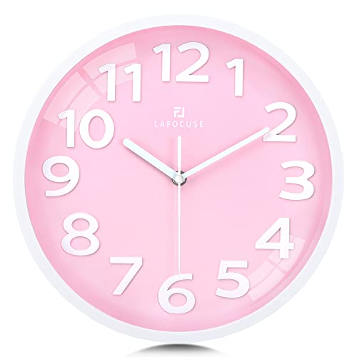 Lafocuse 12 Inch Silent 3D Numbers Pink Wall Clock Girls Bedroom, Battery Operated Pink Clock Wall for Living Room Decor