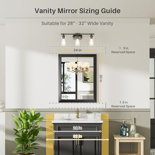 Briivue 24x30 Inch Black Bathroom Mirror for Wall, Thick Metal Framed Rectangle Mirrors for Over Sink, Bedroom, Living Room, Entryway, Anti-Rust, HD Tempered Glass