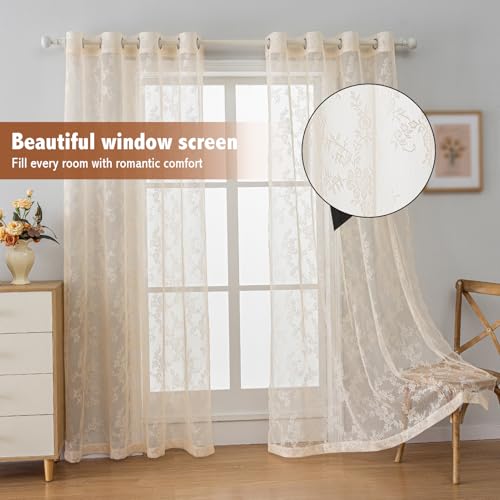 Anytime Beige Lace Sheer Curtain Panels for Living Room Elegant Window Treatment Sets Light Filtering Translucent Draperies for Office (2 Panels,W55 x L84inch)