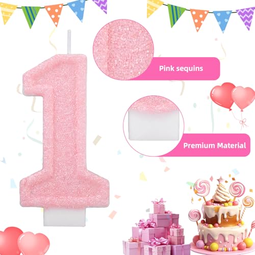 Pink Number One Birthday Candles, Romantic Cake Glitter Pink Number 1st Candles Anniversary Cake First Topper Decoration Cute Birthday Party Supplies for Wedding Anniversary Celebration Supplies (1)
