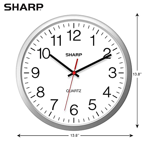 Sharp Wall Clock – Silver, Silent Non Ticking 14 Inch Quality Quartz Battery Operated Round Easy to Read Home/Kitchen/Office/Classroom/School Clocks, Sweep Movement