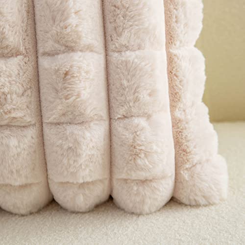 Neelvin Beige Faux Fur Cozy Soft Plaid Decorative Throw Pillow Covers 12x20 inch Set of 2,Velvet Pillowcase Cushion Case for Sofa Couch