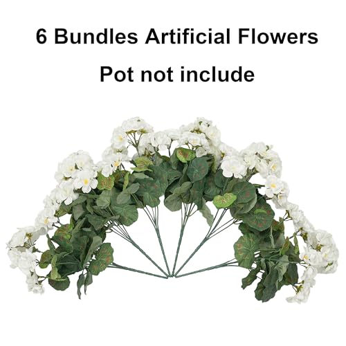 Fake Geraniums Artificial Flowers for Outdoors Outside, 6 Bundles White Silk Geraniums Fake Flowers Plants Realistic UV Resistant Faux Flowers for Outdoor Planters Garden Balcony Yard Porch Indoor