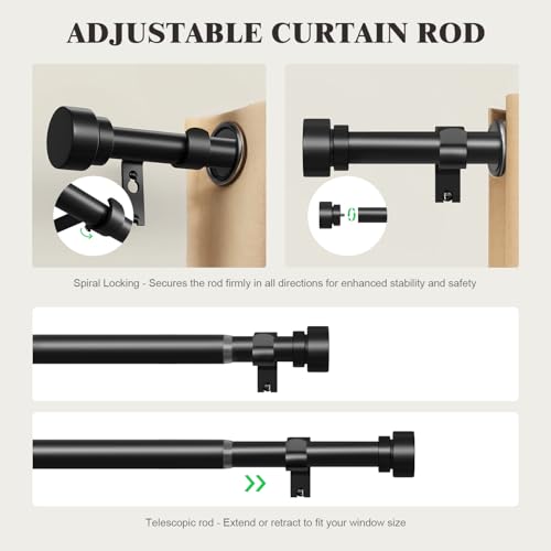 Oneach Black Curtain Rods for Windows 66 to 120 Inch, 1 Inch Pole Adjustable Length Heavy Duty Metal Curtain Rod Set, for Outdoor Bedroom Kitchen Living Room, Decorative Drapery Rods with Finials