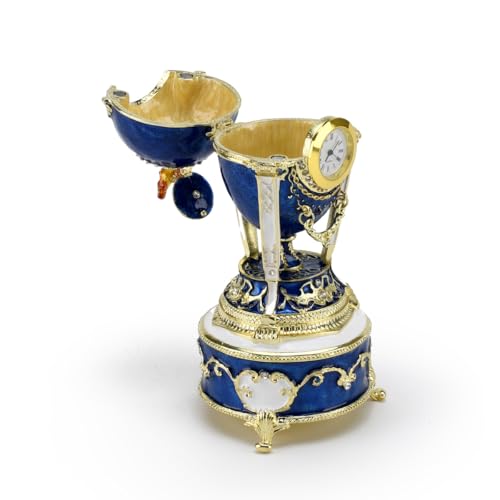 MusicBoxAttic Gold Accented Quartz Clock 18 Note Blue Musical Jeweled Faberge-Style Egg with Rooster-Many Songs to Choose-Candle in The Wind