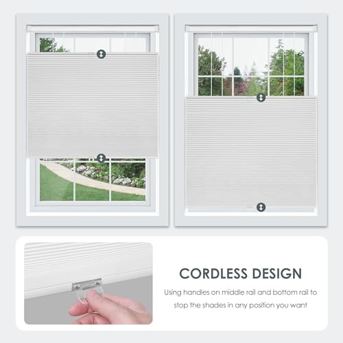 LazBlinds No Tools No Drill Cordless Cellular Shades, Top Down Bottom Up (TDBU) Honeycomb Shades for Home, Blackout Light Blocking Thermal Insulation Blinds for Windows, 34" W x 64" H, White