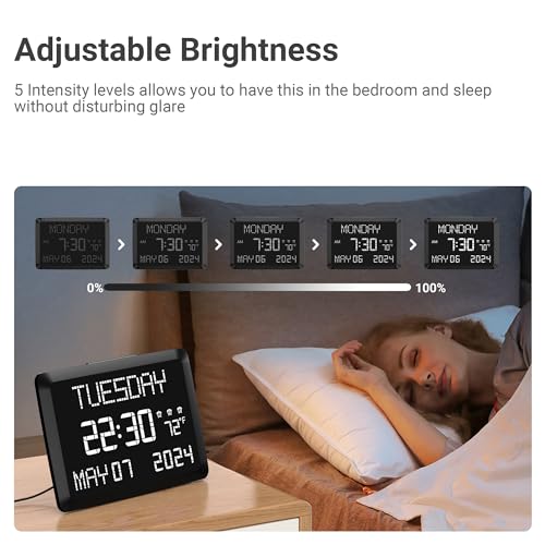 11.5” Extra Large Digital Wall Clock with Date and Day of Week , Electric Desk Clock for Seniors, Large Display Alarm Clock for Bedroom with Battery Backup, 5 Dimmer, 2 USB Ports, Indoor Temp, 12/24H