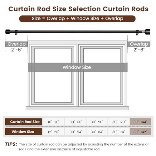 Matte Black Curtain Rod Itself is 30-144 inch 1 Pack, Fit 30 to 142, 66 to 120 inch Windows with 1 Inch Diameter Heavy Duty Adjustable Telescopic Rod, 1 Inch Diameter Splicing Extra Long