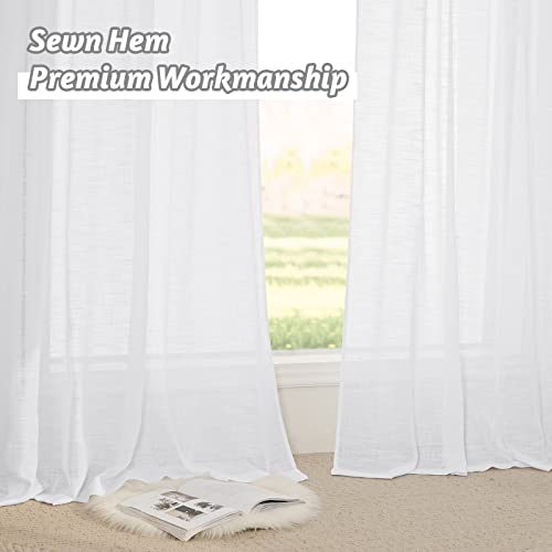 RYB HOME White Sheer Curtains Linen Texture Window Panels, Semi Sheer Light Filetring Rod Pocket & Back Tab Drapes for Bedroom, 52 x 84 inches, Pack of 2