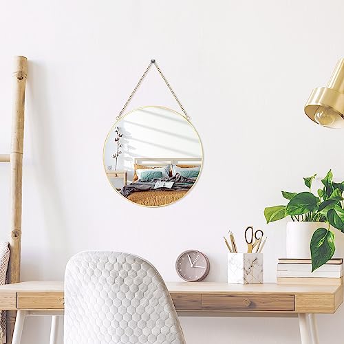 LONGWIN Hanging Wall Circle Mirror Decor Gold Geometric Mirror with Chain for Bathroom Bedroom Living Room 9.8"