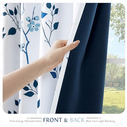 Beauoop Floral 100% Blackout Curtains 72 Inch Length 2 Panels for Bedroom Living Room Navy Blue and White Flower Patterned Room Darkening Thermal Soundproof Rod Pocket Back Tab Window Drapes, 52X72