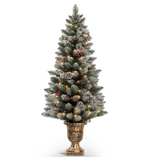 Decoway 4ft Christmas Tree Pre-Lit Artificial Mini Trees with Gold Pot Base, Flocked Snow 70 Warm White Led Lights Pine Cones Red Berries, for Entrances, Home Decorations Holiday Decor