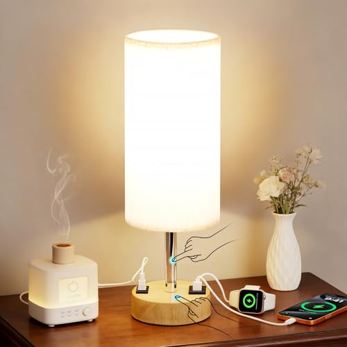Bedside Table Lamp for Bedroom, 3-Way Dimmable Nightstand Lamp with USB C, USB A Ports & AC Outlet, Small Table Lamp Fabric Shade for Living Room Dorm Office, LED Bulb Included (14in Wood Grain)