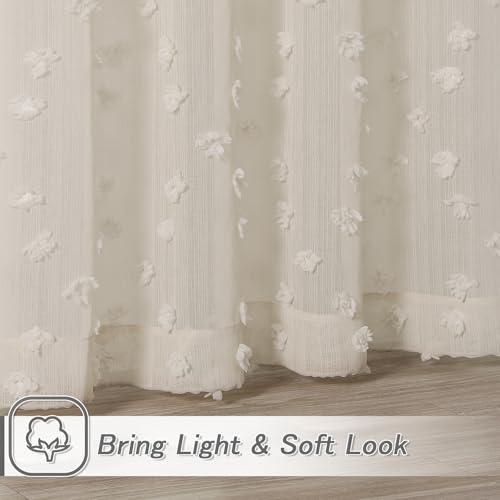 MYSKY HOME Beige Sheer Curtains for Bedroom Living Room with Pom Pom 84 Inches Long Light Filtering Cream Boho Drapes for Girls Nursery Kids Room Window, Rod Pocket, 52" Wide, 2 Panels