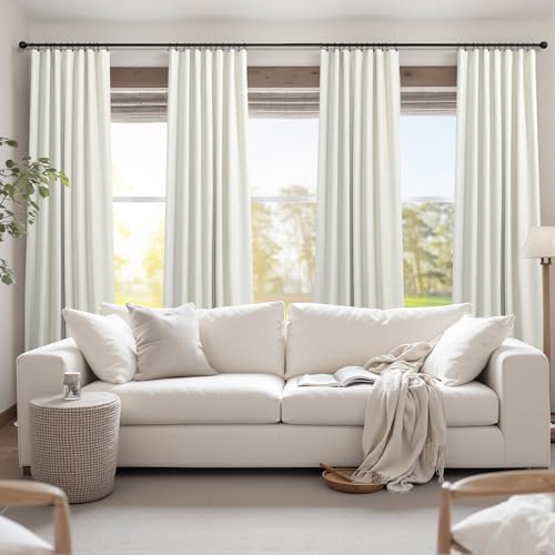 Cream Linen Blend Blackout Curtains 84 Inch Long 2 Panel Back Tab Thermal Insulated Light Blocking Curtain for Living Room Black Out Drape for Bedroom Neutral Rustic Farmhouse 52x84 Length Ivory White
