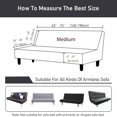 Stretch Futon Cover Full Queen Size Soft Small Check Jacquard Armless Sofa Bed Slipcover Washable Couch Cover with Non-Slip Elastic Bottom Furniture Protector Kids Pets(K,Medium:160-190cm)