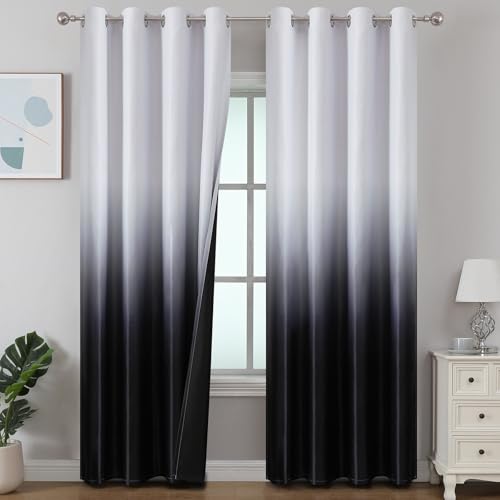 Estelar Textiler Black and Greyish White Blackout Curtains for Bedroom, Ombre Black out Curtains 84 Inch long for Living Room,Room Darkening Thermal Insulated Grommet Window Drapes,52x84 Inch,2 Panels