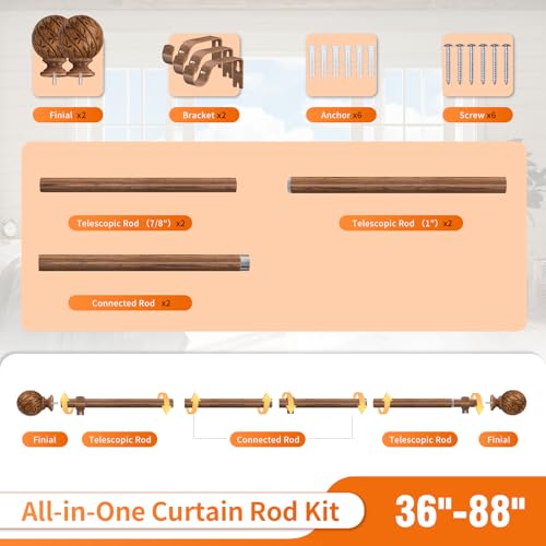 Wood Curtain Rods for Windows 36 to 88 Inch, 1" Adjustable Heavy Duty Boho Drapery Rod Decorative Curtain Rods with Finials Rustic Window Treatment Rods for Kitchen Farmhouse Bedroom Patio