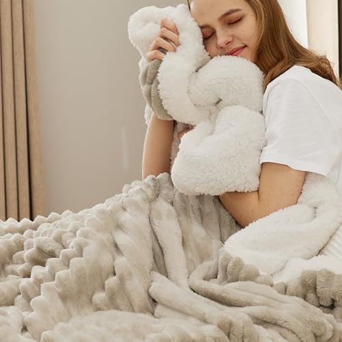 Bedsure Sherpa Throw Blanket for Couch - Super Soft, Comfort Cozy Fleece Thick Warm Blanket for Women, GentleSoft Plush & Fluffy Spring Throw Gift for Women, Room Decor, Beige, 50x60 Inches