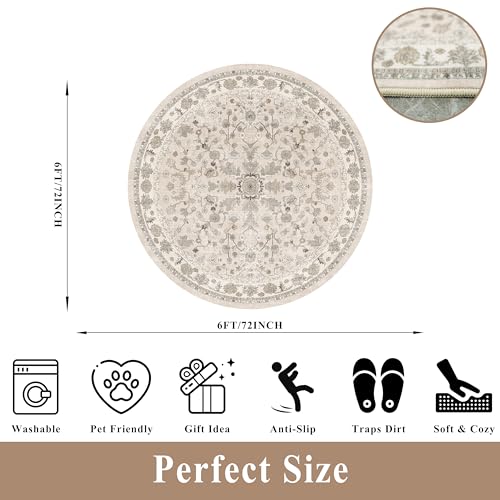 Round Kitchen Rugs 6ft Washable: Non-Slip Soft Low Pile Circle Area Rug for Under Table Living Room Dining Room Bedroom – Boho Floral Circular Floor Indoor Carpet (Beige,6x6)