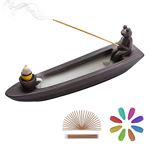 ChangWanna Frog Incense Holder Waterfall - Ceramic Cone Backflow Incense Burner Smoke Fountain, Back Flowing Incense Diffuser with 45 Sticks & 12 Cones, Frog Ornament for Aromatherapy/Yoga/Home Decor