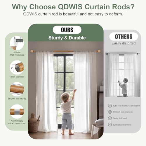 QDWIS Wood Curtain Rods for Windows 48 to 84 Inch,1'' Diameter Drapery Rods with Imitation Wood Grain Leaf Pattern Finials,Boho Adjustable Heavy Duty Curtain Rods Set,36-88'',Color:Natural Wood