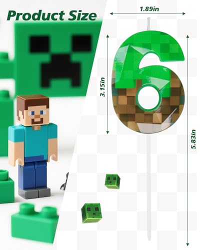 Pixel Birthday Candle, 2.68 Inch Miner Number Candles, Game Themed Candle Birthday Decoration for Pixel Theme Birthday Anniversary Dynamite Video Game Party (Green, 6)