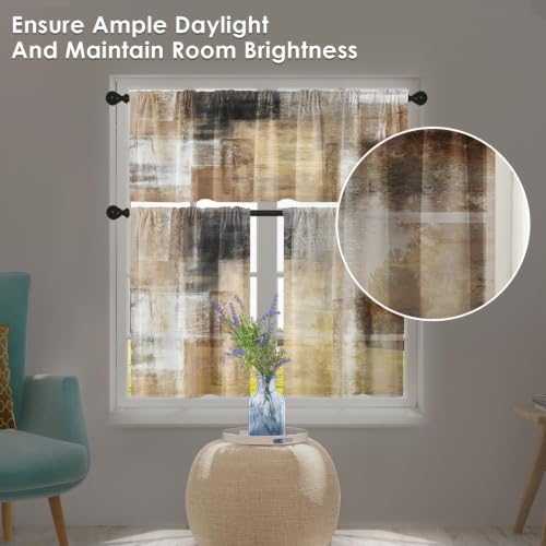Brown Kitchen Window Curtains Valance and Tier Set 36 Inch, Grey Beige Modern Rod Pocket Short Tier Curtain, Abstract Art Small Cafe Drapes for Kitchen Decor