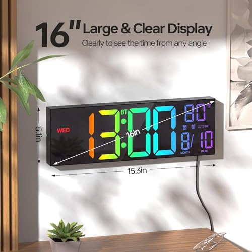 JALL 16.2" Large Digital Wall Clock with Bluetooth Sync, RGB Digital Clock Large Display with Auto DST, Wall Clock for Classroom Bedroom Gym Office, Led Clock for Seniors (Black)