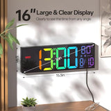 JALL 16.2" Large Digital Wall Clock with Bluetooth Sync, RGB Digital Clock Large Display with Auto DST, Wall Clock for Classroom Bedroom Gym Office, Led Clock for Seniors (Black)