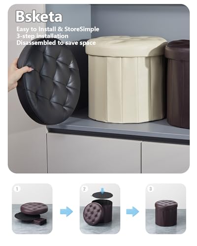 Bsketa Round Storage Ottoman, 14" Folding Leather Foot Rest Stool,Brown
